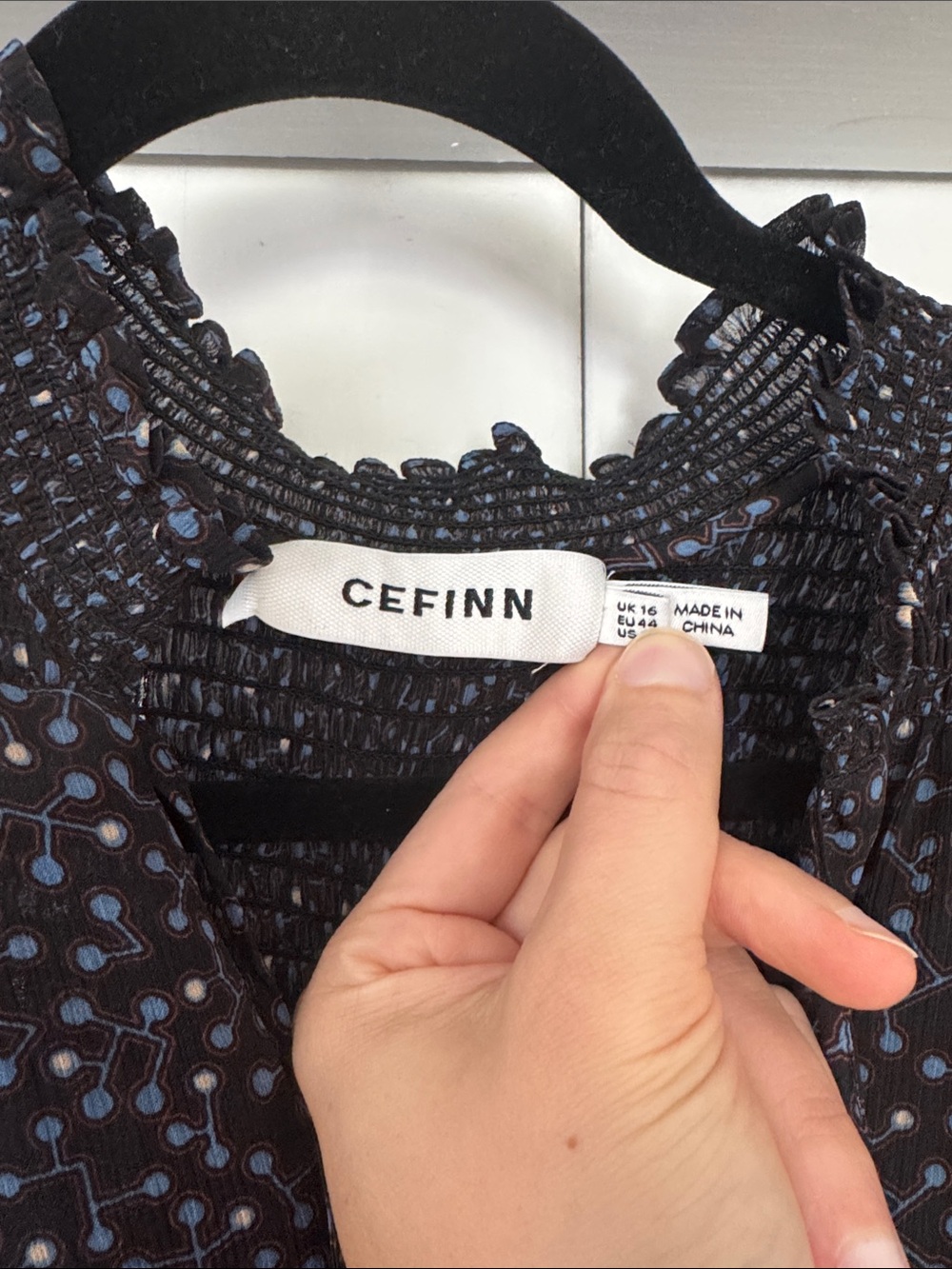 Smocked Neck Black Pattern Midi Dress - Cefinn - Picture 3 of 5